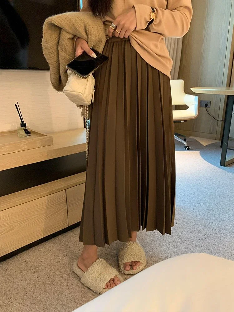 Skirts Women Basic All-match Simple Autumn Leisure Comfortable Loose Retro Folds Classic Ladies Fashion Korean Style New Solid