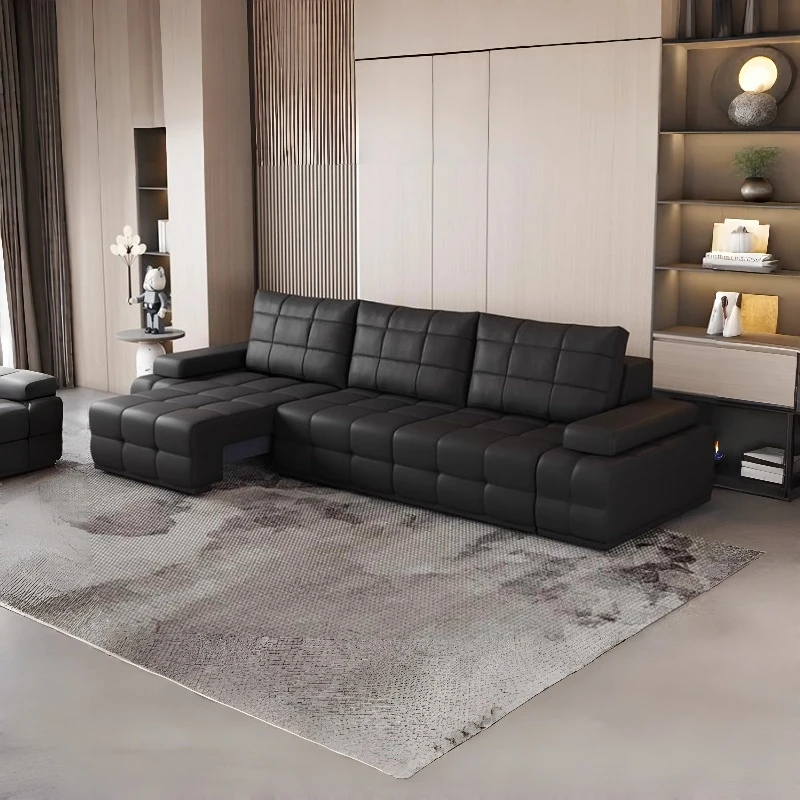 

Genuine Leather Modern Sectional Sofa Set with Pull Bed and Recliner Sponge Filled Upholstered Sofa for Hotel & Mall Use