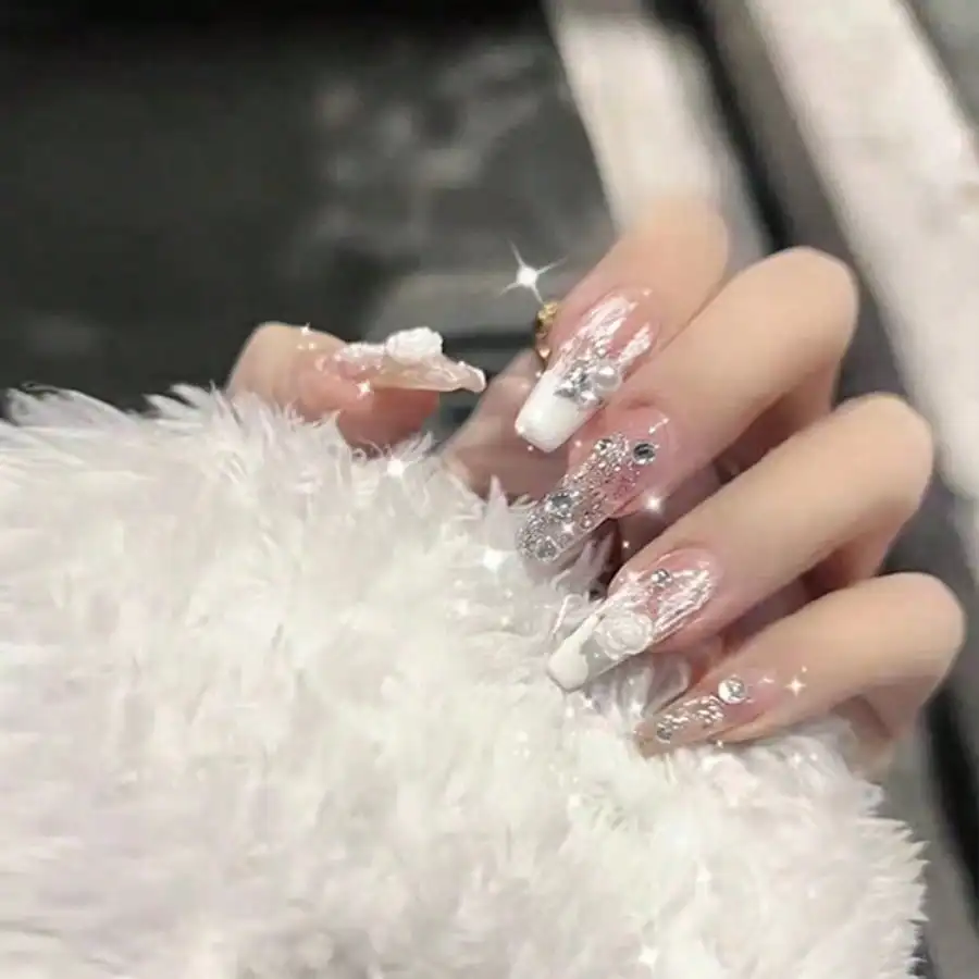 

24Pcs Ice Camellia 3D Embossed Nail Stickers, Self-Adhesive No Glue, Long-Lasting, Daily Party Manicure Decor