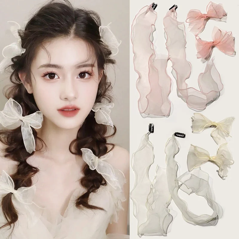 

Korean Bowknot Hair Clips Mesh Hairband Female Pure Desire Super Fairy Braided Hairpin Streamer Headdress Hair Accessories