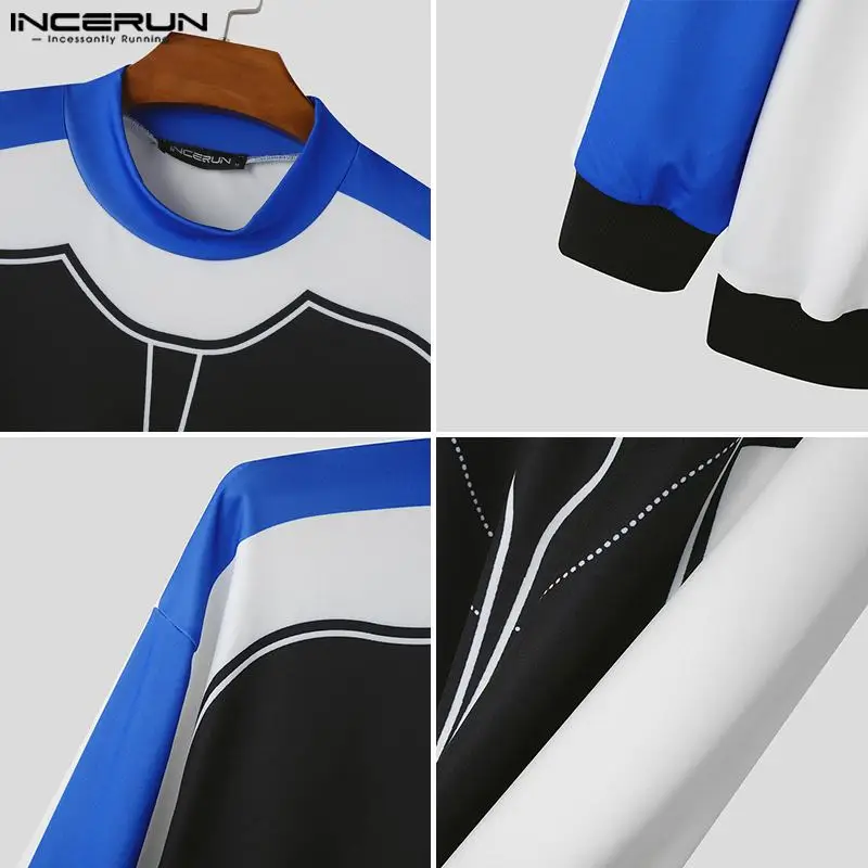 INCERUN New Men Clothing Splicing Deconstruction Color Blocking T-shirts Stylish Male Hot Sale Personality Long Sleeved Camiseta