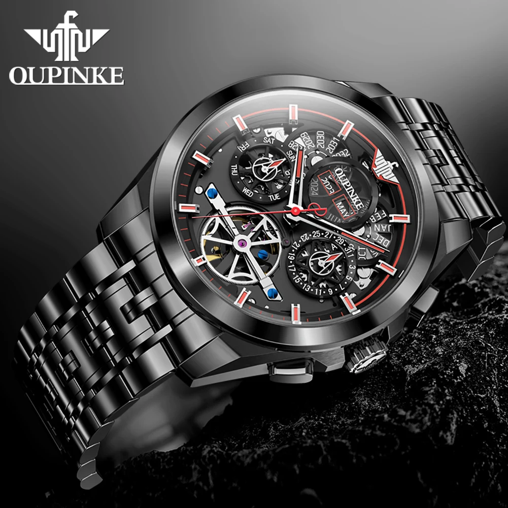 OUPINKE Luxury Men Tourbillon Multifunctional Design Mens Watches Top Brand Waterproof Casual Steel Automatic Mechanical Watch