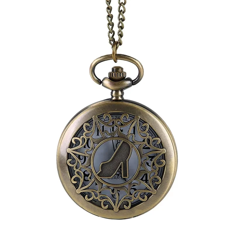 

9027 Large Bronze Craved Flower Pattern Hollow Womens' high-heeled shoes Pocket Watch with waist chain