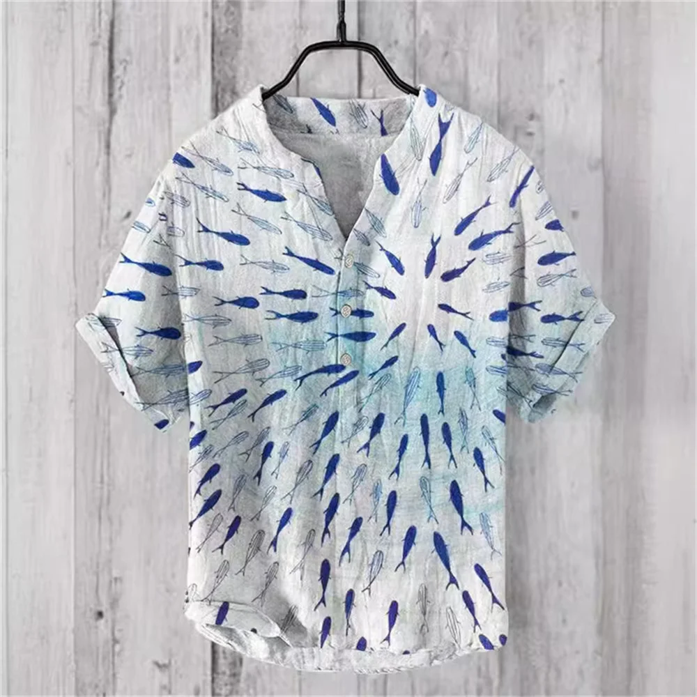 New comfortable fabric short sleeve V-neck octopus shirt popular in Europe and America men's 3 button linen top