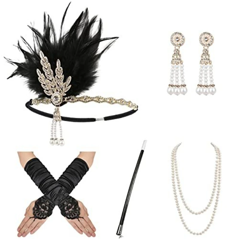 E15E Vintage Flapper Costume 1920s Women Great-Gatsby Headdress Gloves Earrings Necklace Prom Party Accessories Set