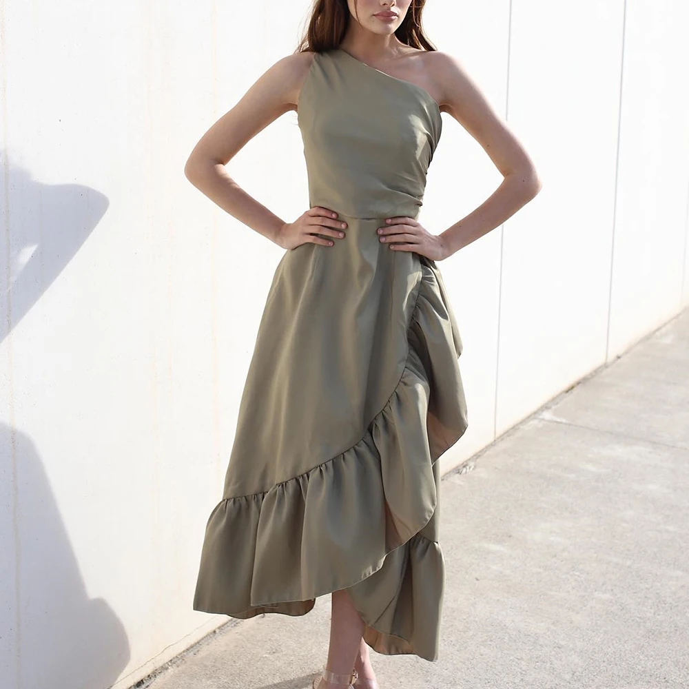 

Customized Jersey A-Line One Shoulder Evening Dress Tea Length Sleeveless High Quality Solid Color Bespoke Occasion Gowns