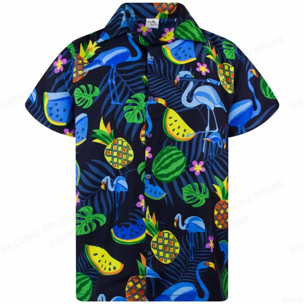 فلامنغو قميص هاواي صيفي الشاطئ الصيف قميص رجالي أوراق الاستوائية ثلاثية الأبعاد قميص مطبوع الرجال والنساء قميص الموضة قصيرة الأكمام #4