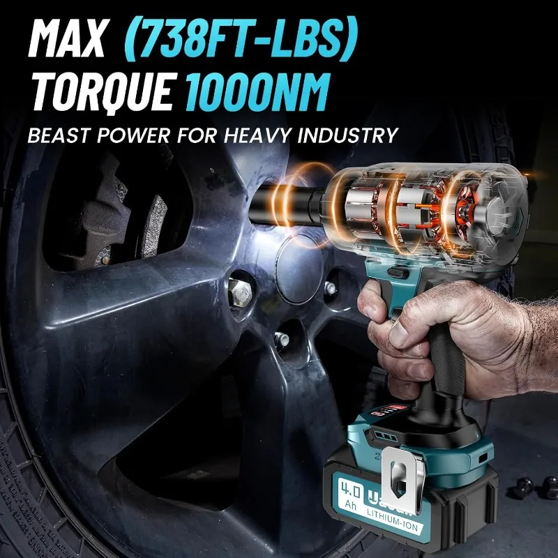 1000Nm(738ft-lbs) Cordless Impact Wrench High Torque, 1/2 Battery Impact Gun w/ 2X 4.0Ah Batteries, Fast Charger, 5 Sockets