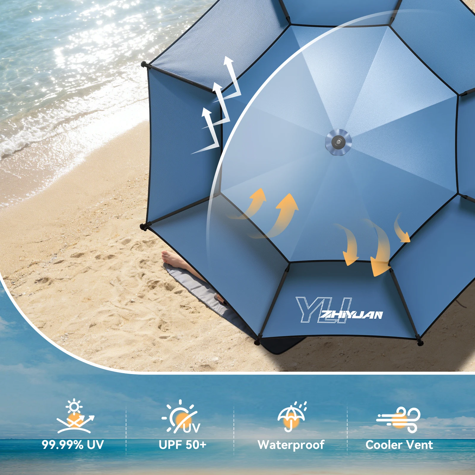 Großer Angel- und Outdoor-Schirm | Strandschirm UPF 50+ Sonnenschutz UV-Schutz Wasserdicht Windbeständig Faltbar Tragbar Verstellbar – Detail 3