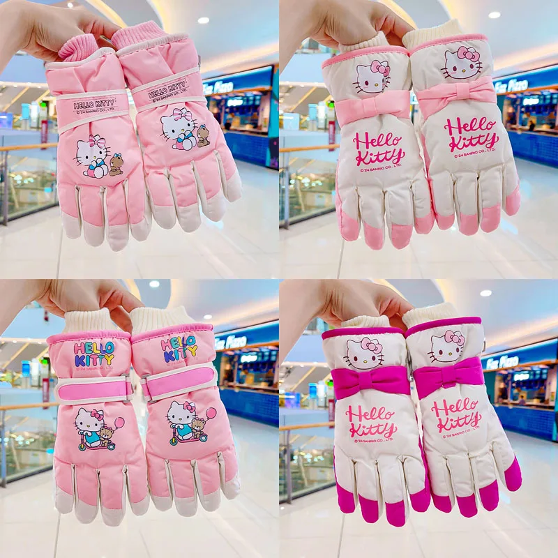 

5-12years Winter for Hellokitty Children Ski Gloves Thickened for warmth Outdoor waterproof Girl Christmas Gift