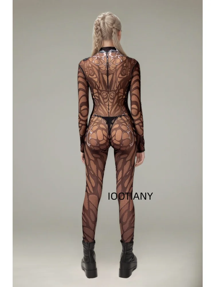 Gotischer, mehrfarbiger, eng anliegender Bodysuit mit goldenen Musterlinien, Galaxy-Blumenmuster, Cosplay-Catsuit, Halloween-Rollenspiel, Bühnen-Rave-Outfit, Jumpsuit 2026 – Detail 10
