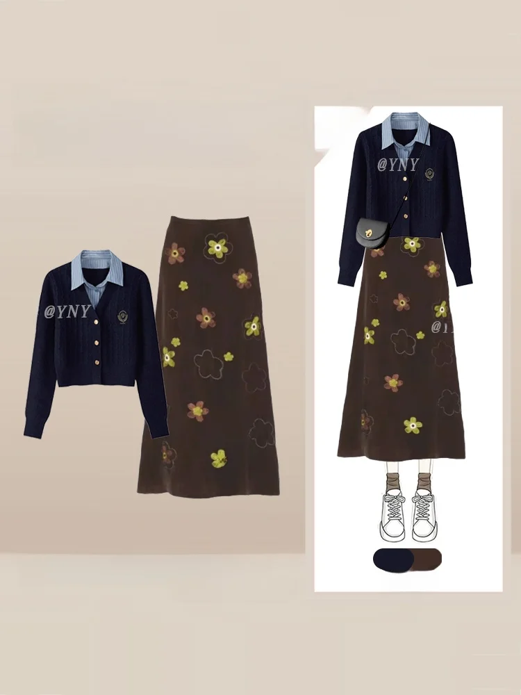 

Retro Winter American Briti Sle Knitted Cardigan And A-Line Skirt Set for Women Floral Print High Waist Midi Skirt