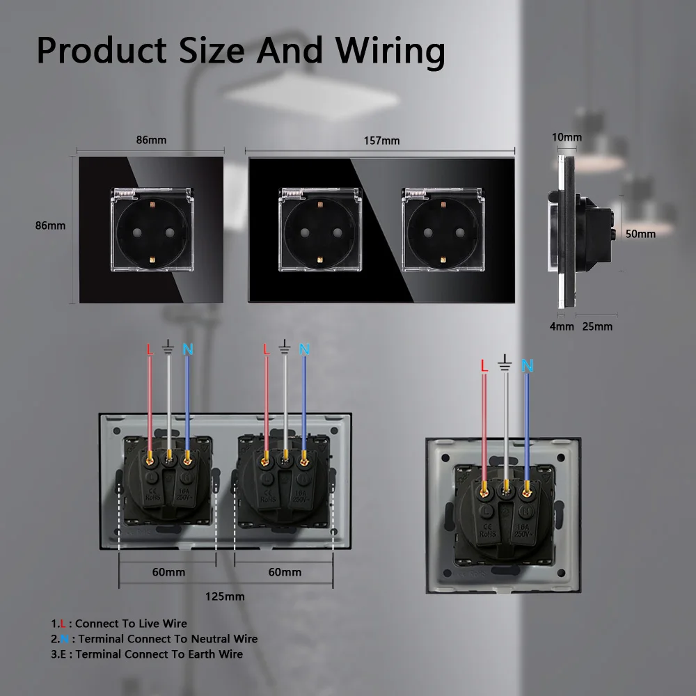 TAWOIA Gniazdo ścienne Standard UE 16A Wodoodporne gniazdka Panel szklany Wtyczka zewnętrzna Gniazdko elektryczne Łazienka Podwójne gniazdko