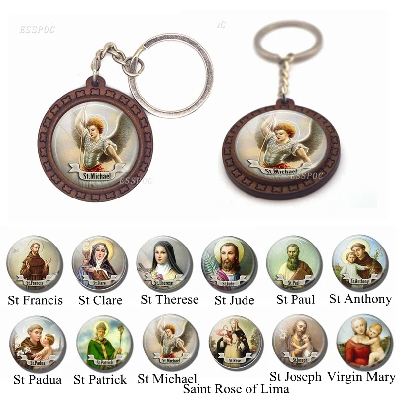 Virgin Mary Christian St Michael Clare Francis Religion Wooden Keychain Glass Cabochon Jewelry Women Men Pendant Key Chain Gift