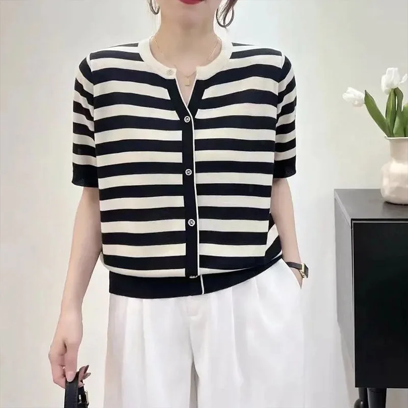 Women Clothing Fashion Striped Short Sleeve Knit Tops Summer Casual Loose All-match Button Cardigan Lady Korean Version T-shirts