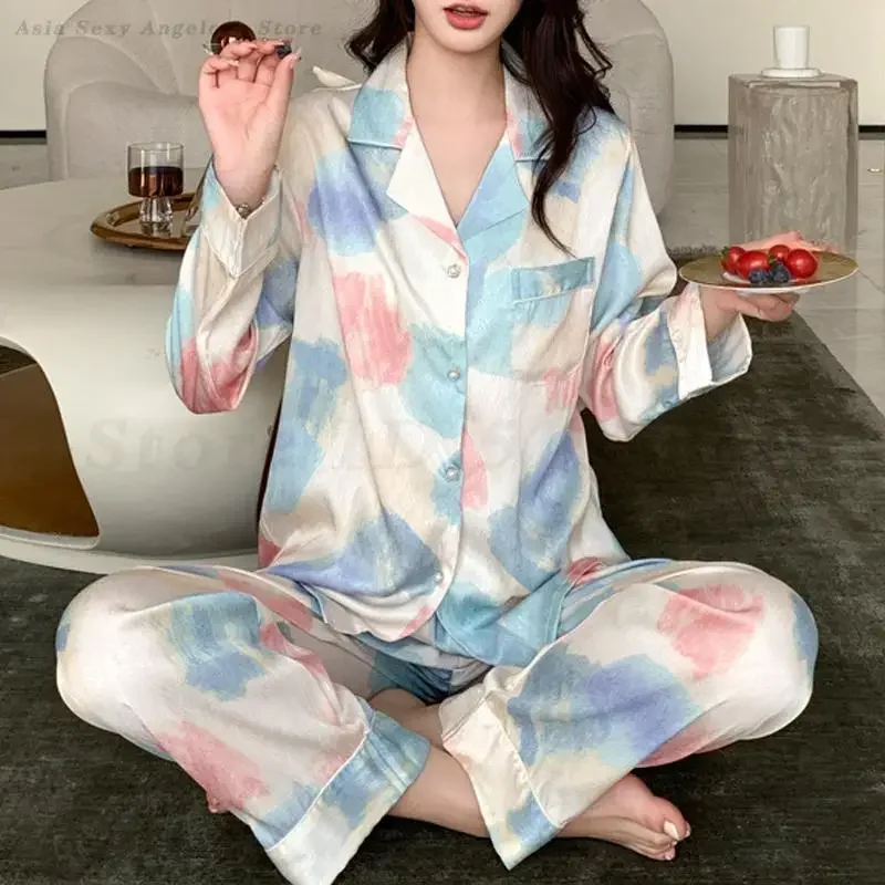 

Женский пижамный комплект, атласные брючные костюмы из ледяного шелка с длинными рукавами, пижамные костюмы Pour Femme, весна-лето, одежда для сна, домашняя одежда, свободная домашняя одежда
