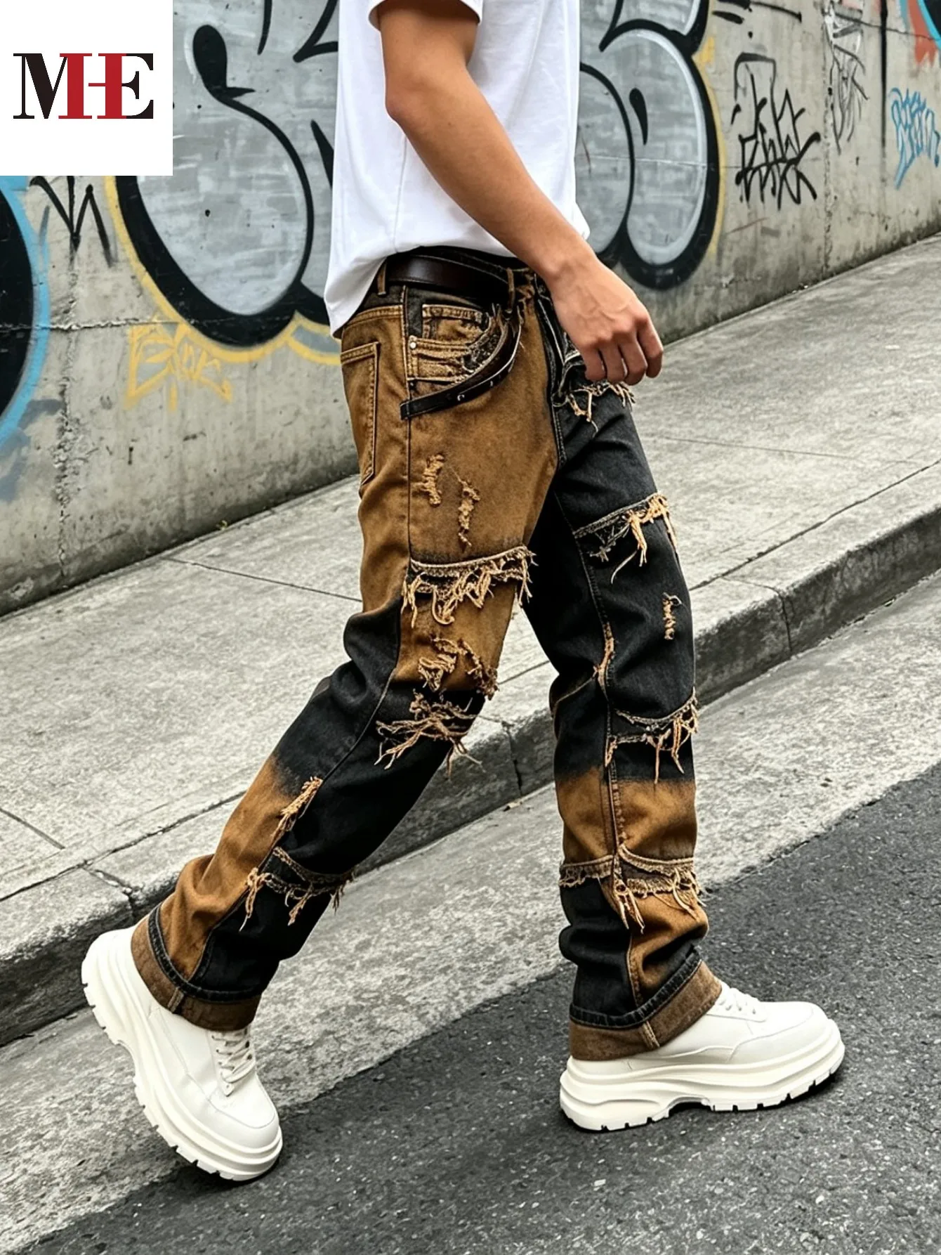 【HME】Men's Jeans | Straight‑Fit Deconstructed Denim Pants, vintage Mud‑Wash Two‑Color Spliced Denim Trousers, Exposed Frayed Tassel Seams, Classic Five‑Pocket Construction, Durable Fabric Fashion Men Casual Pants