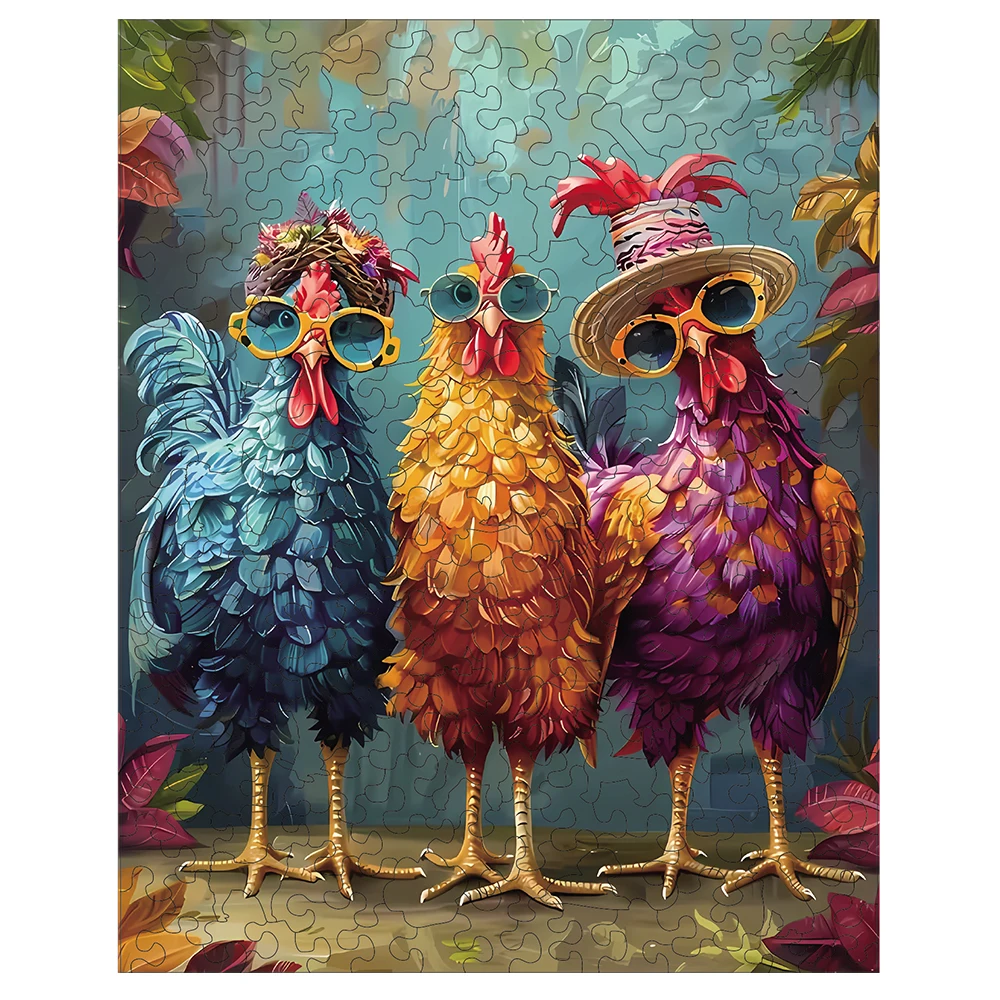 Colorful Big Roosters Wooden Puzzle, Irregular Animal Shaped Pieces, Holiday Christmas Exquisite Gift, Family Game Home Decor