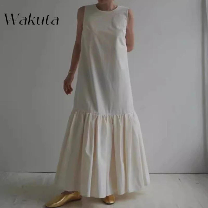 

WAKUTA Japanese Retro U-neck Sleeveless Artistic Dresses Fashion Backless Loose Commuting A-line Long Vestidos De Tricô Femenino