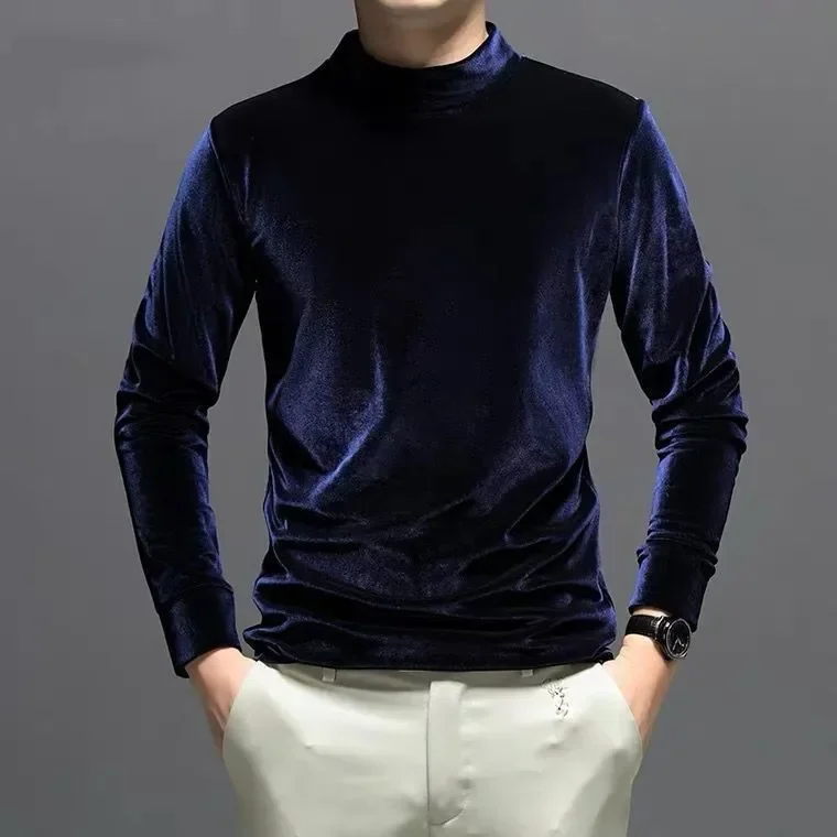 

2024 Winter Fashion Men slim half turtleneck velour blouse,M-7XL plus size Spring & Autunm basic velvet shirts black brown