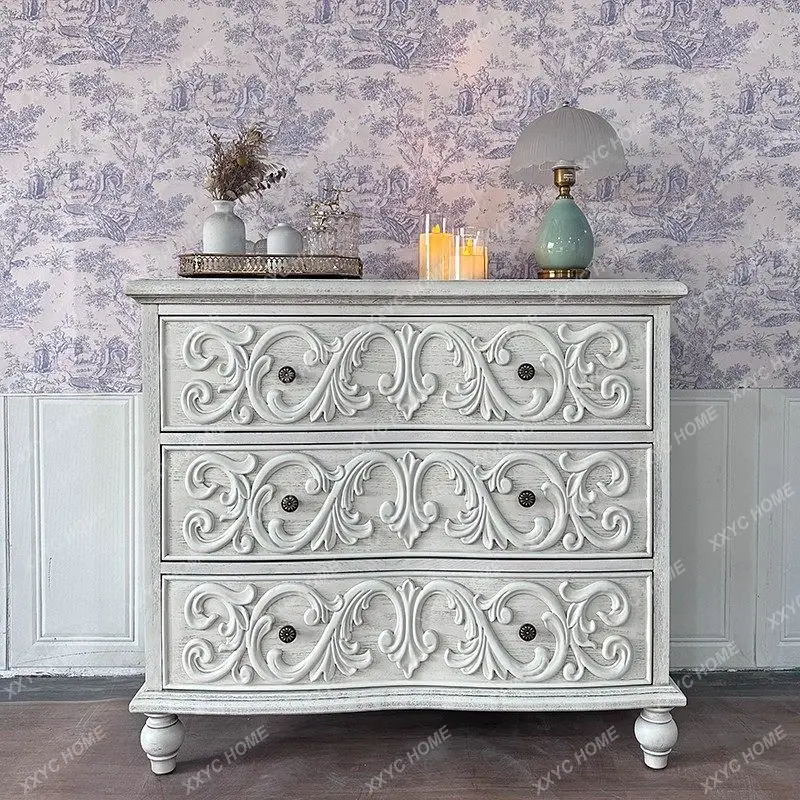 XX Hot sales  solid wood  retro drawer locker bedroom living room wall storage cabinet carved bedside table