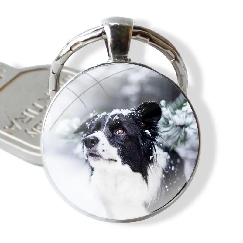 border collie dog Keychain Handmade Glass Cabochon Key Ring Holder Pendant Key Chains