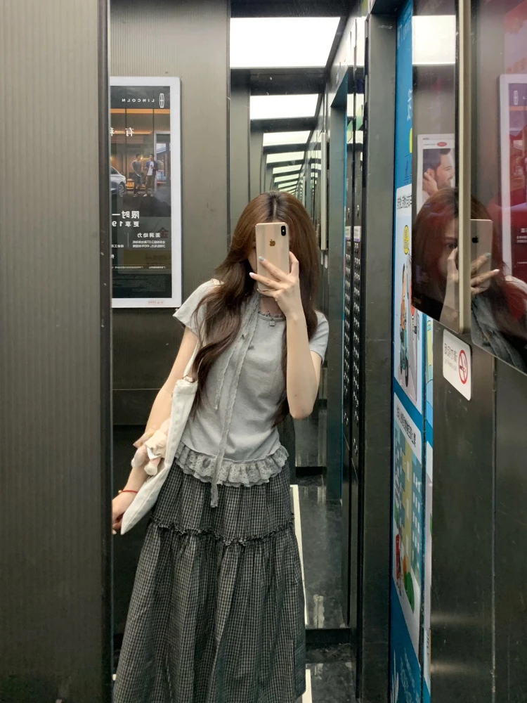 

Women's Summer Lace Trim ort Sve Two-Piece Set Slim Fit Plaid Skirt round Ne Polyester Fiber Casual Faion Ensemble