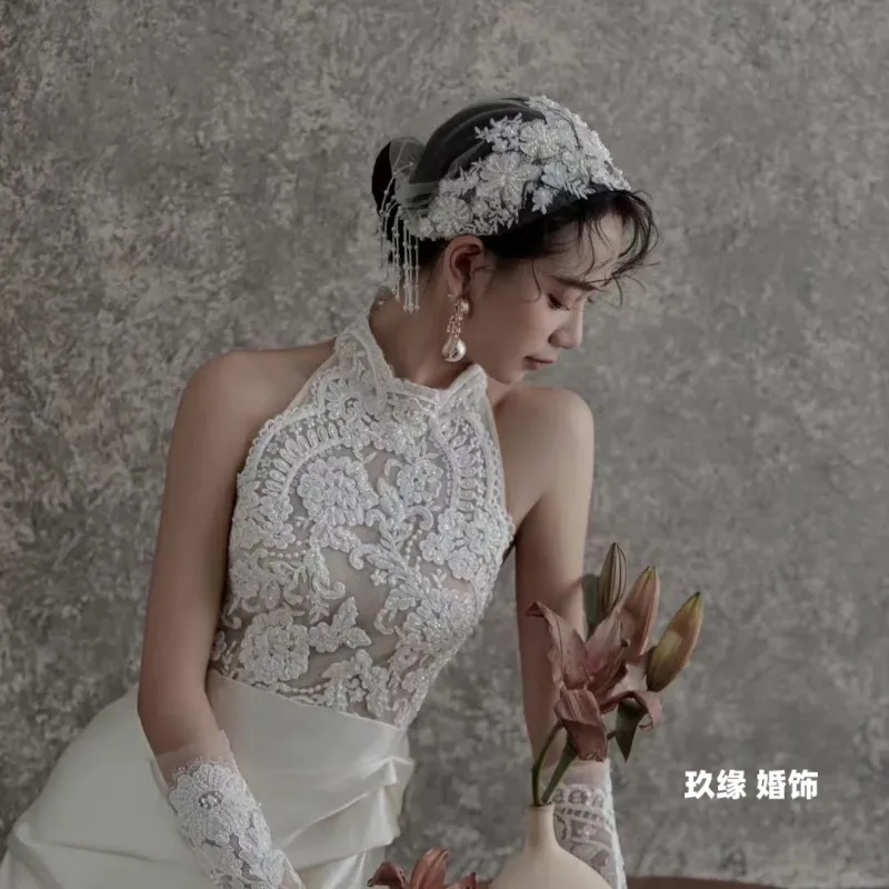 

Французская Ретро Невеста Кружевная Шляпа Аксессуары Для Волос Жемчуг Элегантный Высококачественный Головной Убор Фото