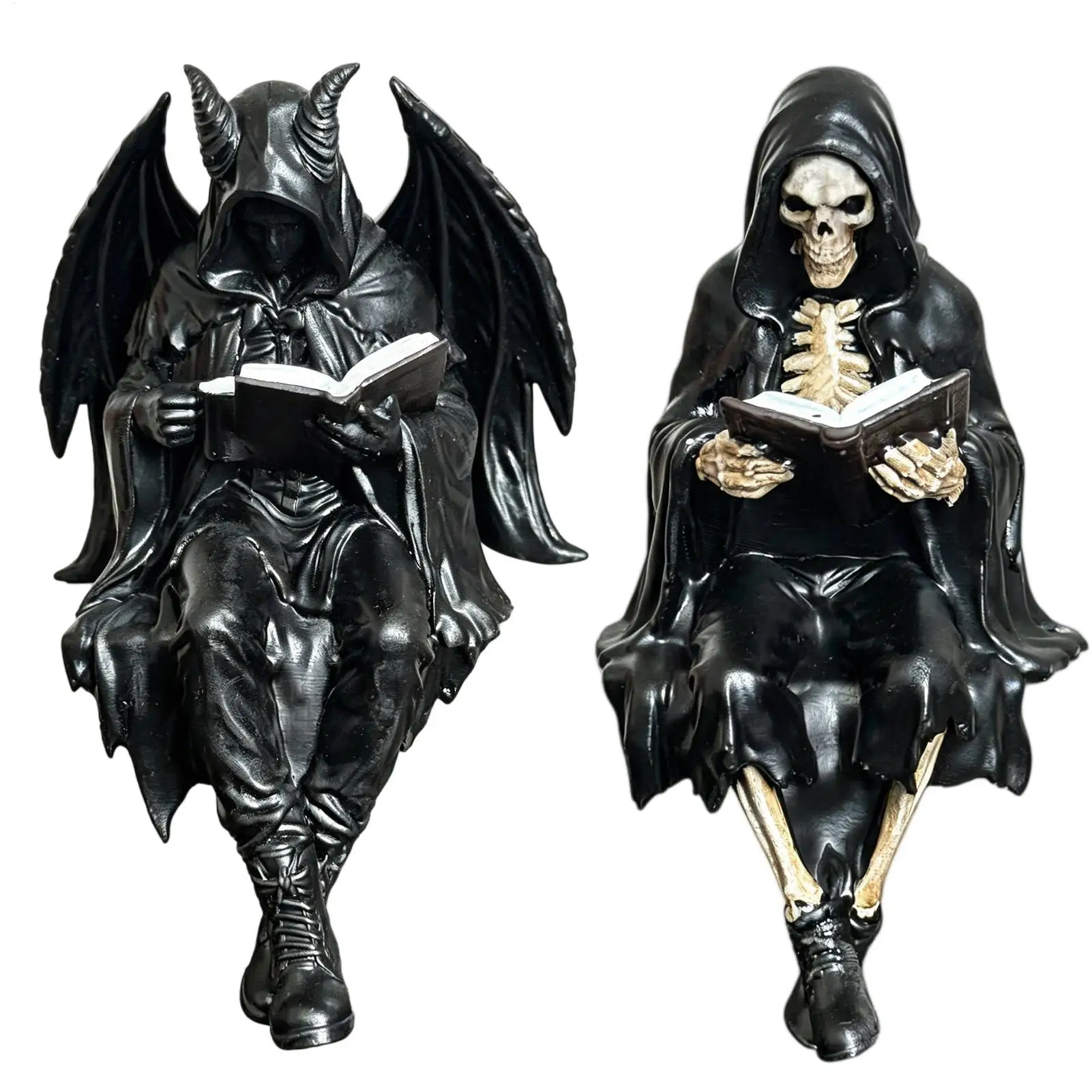 Gothic Dark Fantasy Figures Mini Shadow Reading Statue Black Robe Spooky Figurines Mysterious Bookshelf Sculptures Gothic Statue