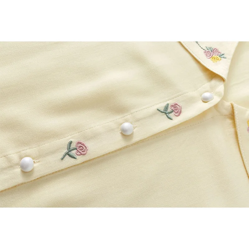 Sweet Yellow Color 100% Viscose Women\'s  Nightgowns  Embroidery Collar Cardigan  Summer Short Sleeve Sleepwear Home Loose Dress