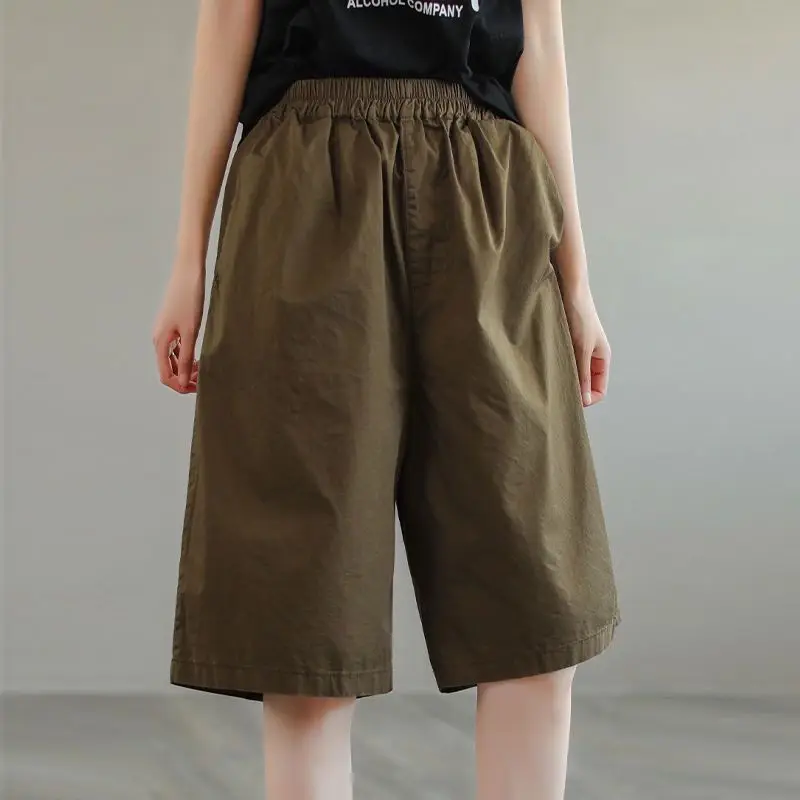 Korean fashion Summer New Pure cotton Women's Solid color Elastic waist Pockets Simplicity Versatile Straight Casual Shorts