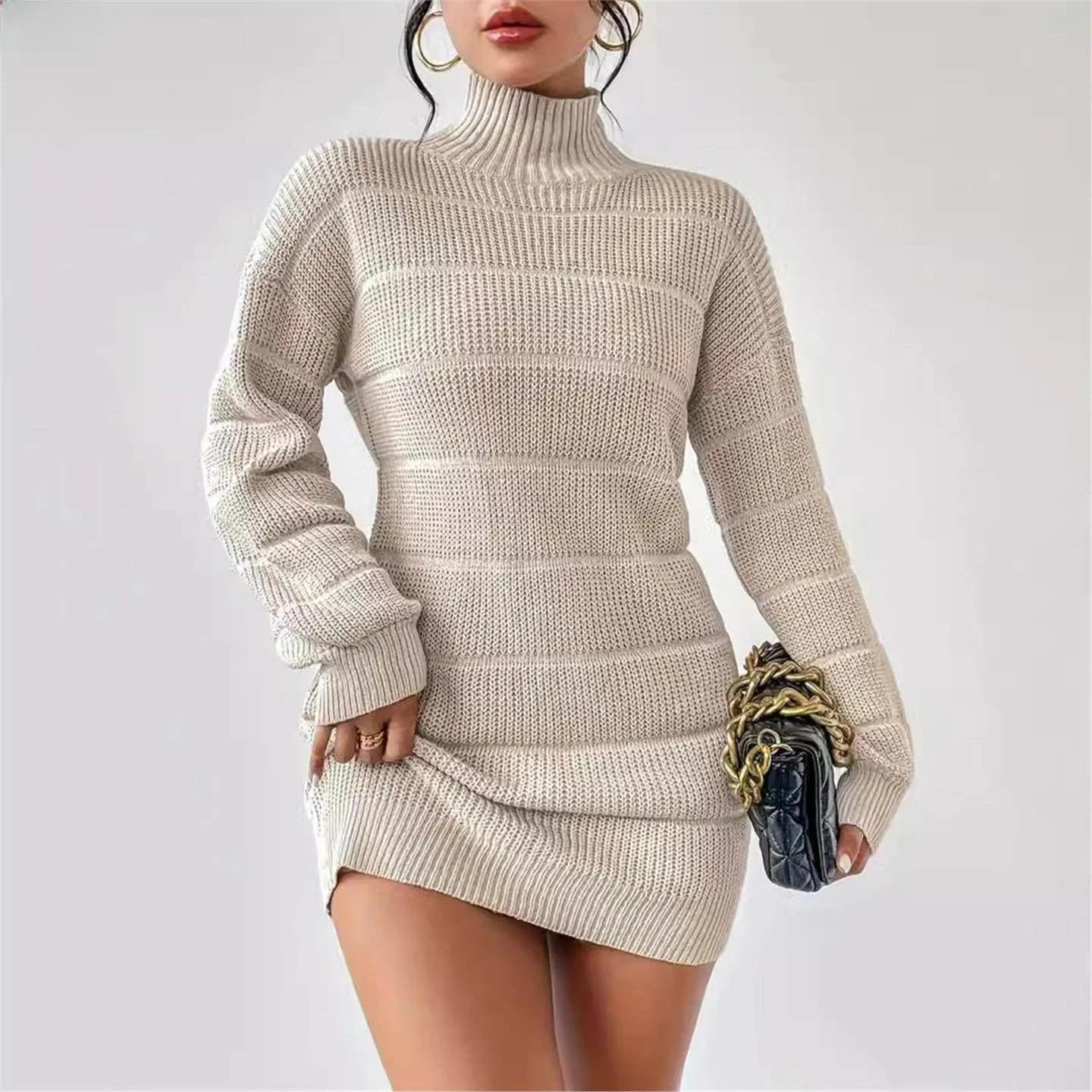 

Faionable Pure Color Sexy Wrap Dr Women's Semi-High Collar Knitted Dr Ci Walk Thin Regular Length Chinese Made