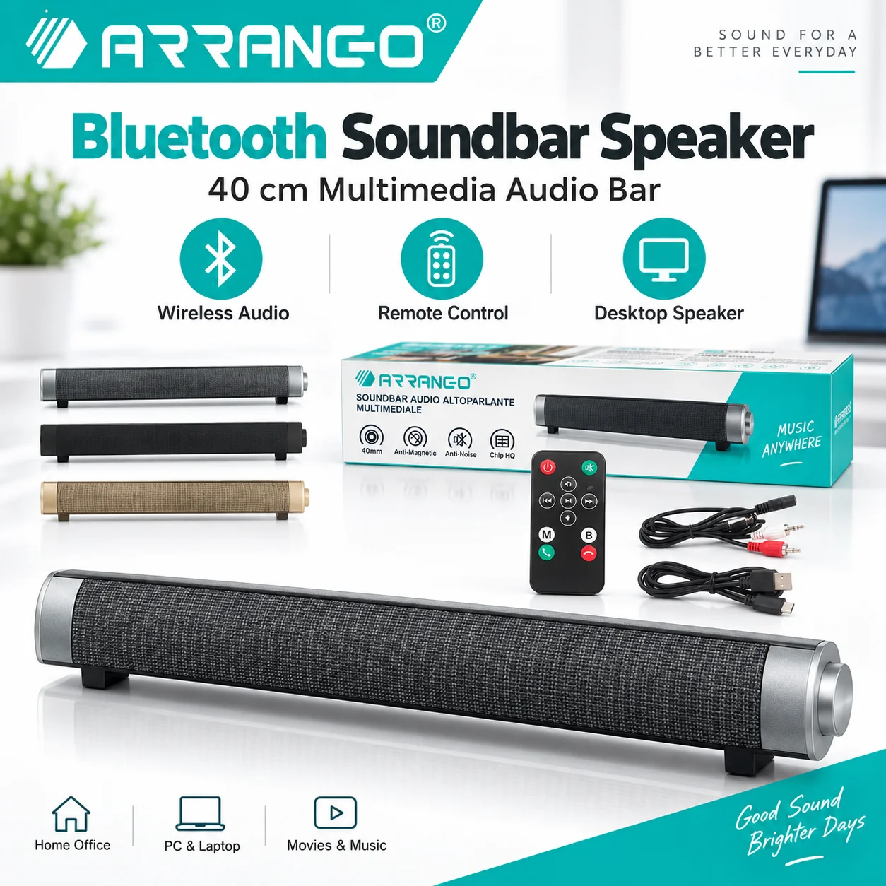 Barra de sonido multimedia Bluetooth de 40 cm, modelo ARRANGO AC76261, altavoz inalámbrico para escritorio con control remoto, altavoz de