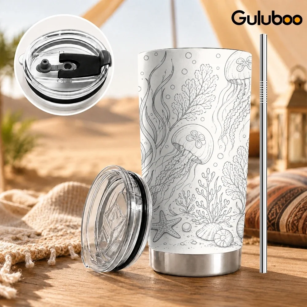 Underwater Sketch Line Art Vacuum Flasks 20oz Stainless Steel Insulated Tumbler Double Wall Cup with 2 Lids Straw Travel Mug