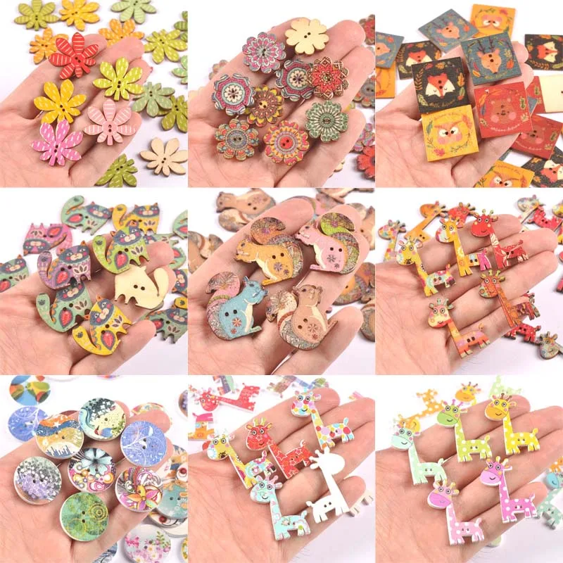 25PCS/lot Wooden Retro Cartoon Animal Flower Buttons Handmade Scrapbooking Craft DIY Sewing Apparel Accessories cp3358