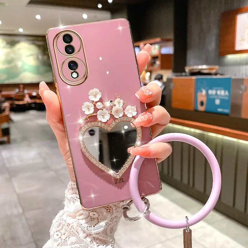 Heart Mirror Case For Honor X7 X7A X8 4G 5G X8A X9A 9X Pro 10i 10Lite X30i X40i X50i 70 80 90 Plating Bracelet Plum Flower Cover