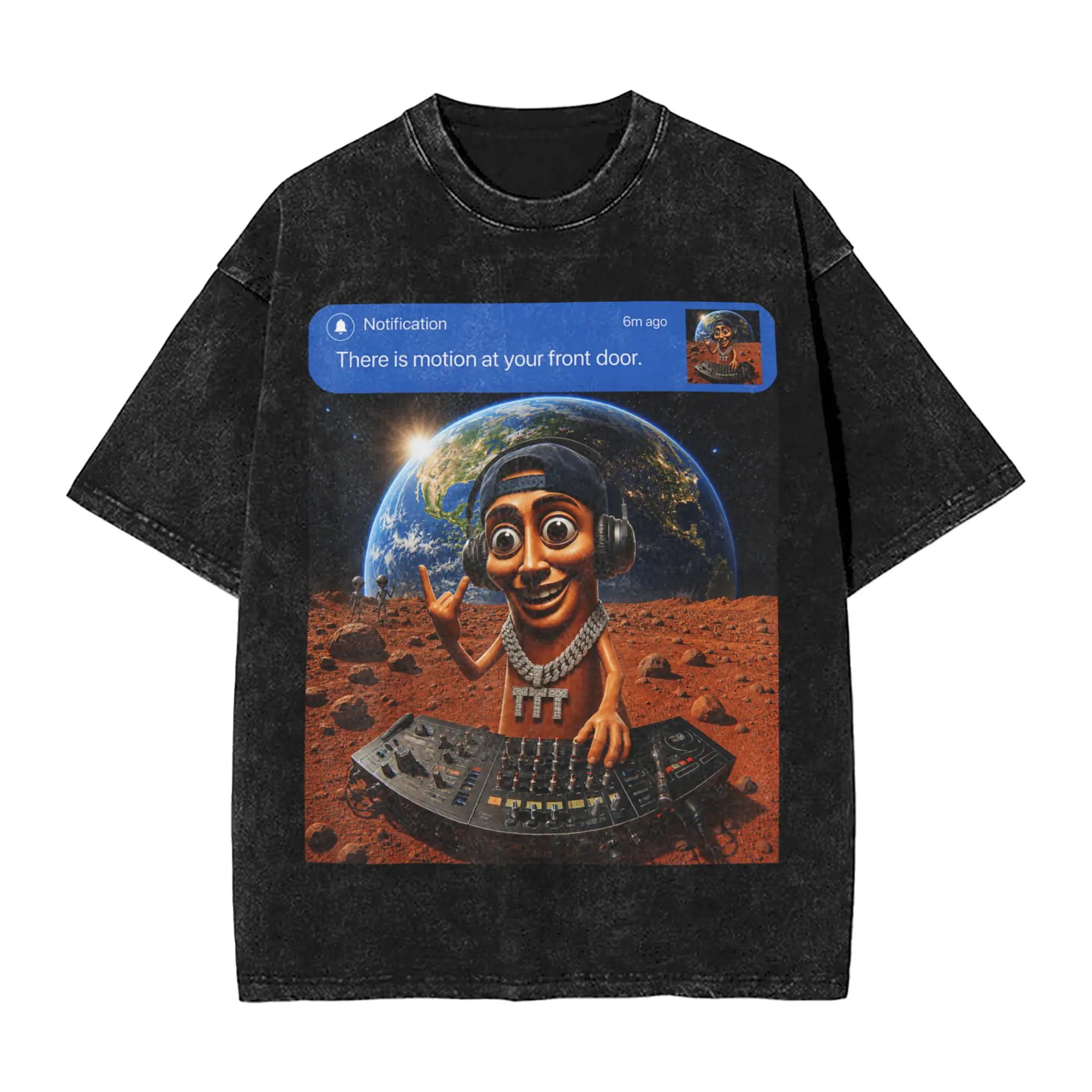 Vintage There is Motion at Your Front Door Tung Tung Sahur Space DJ T-Shirts Men O Neck Cotton Washed T Shirt  Short Sleeve Tees