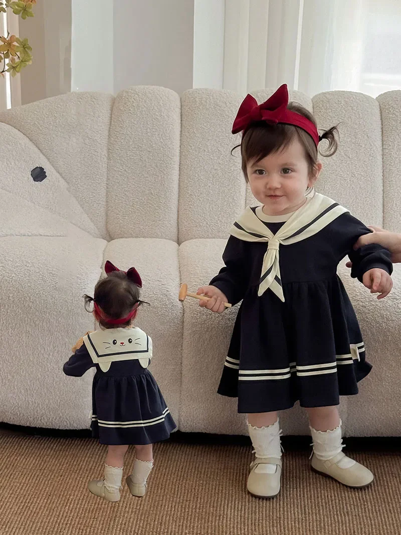 

MILANCEL New Autumn Kids Dress 9M-5T Fashion Color Block Girls Princess Dress Navy Leader Children Outwear Clothes