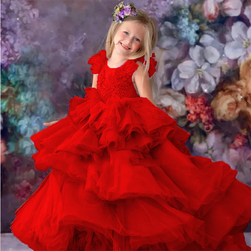 Princess Flower Girl Dresses for Wedding Ruffles Layered Lace Girl Kids Birthday Party First Holy Communion Gowns Customized