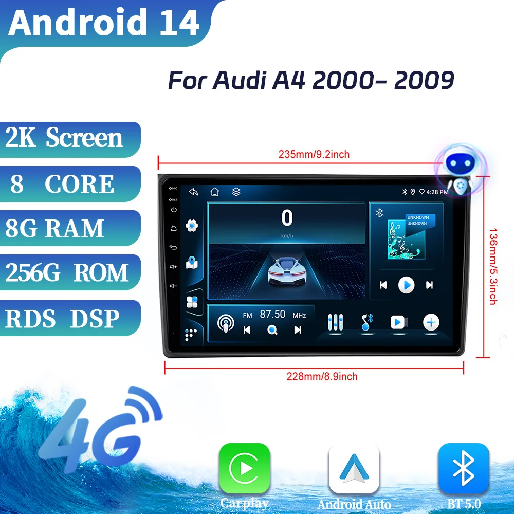 

Автомобильная Мультимедийная система Carplay, стерео-система на Android, с сенсорным экраном, Wi-Fi, GPS, Bluetooth, для Audi A4 2000-2009