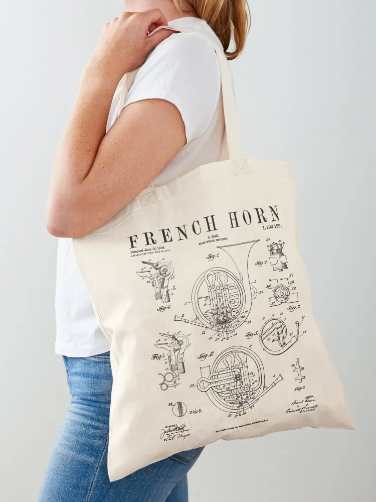 

French Horn Old Vintage Antique Patent Drawing Print Tote Bag bags woman 2025 Canvas Women's bag Canvas bag for women