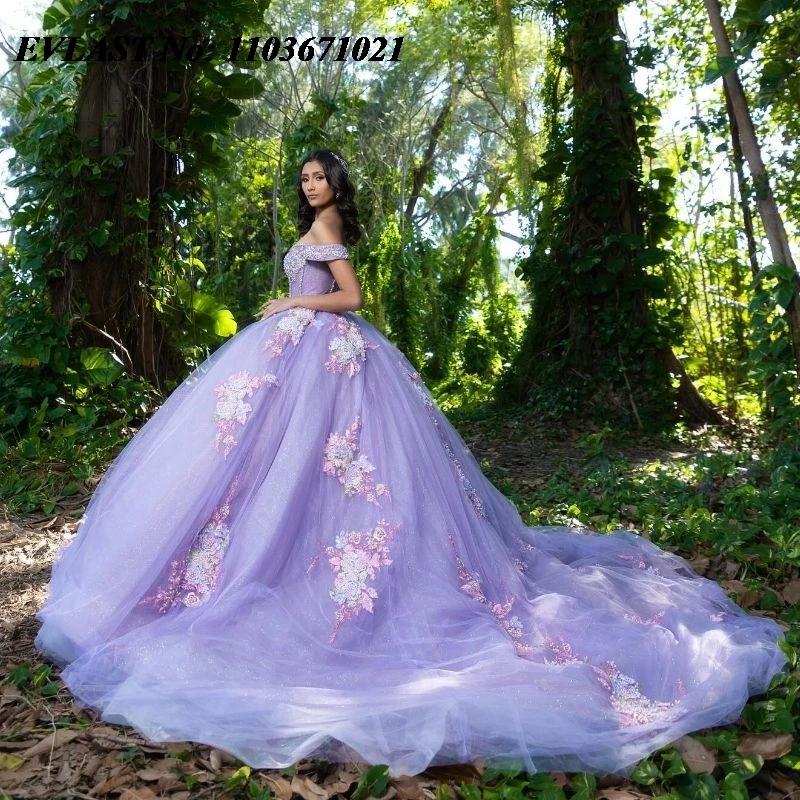 EVLAST Customized Mexican Lavender Quinceanera Dress Ball Gown Lace Applique Beading Sweet 16 Gown Vestidos De XV 15 Anos SQ150