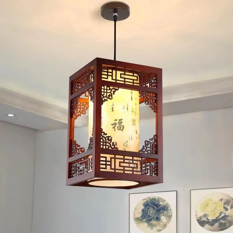 

New Chinese Chandelier Teahouse Dining Room Living Room Study Antique Sheepskin Lamp Classical Wood Art Interior Decoration Lamp