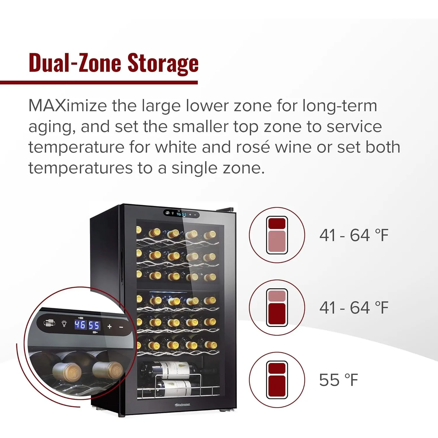 듀얼 존 MAX 압축기 와인 쿨러 - 분할 보관 및 온도, 디지털 터치스크린 및 LED 디스플레이를 갖춘 독립형 냉장고