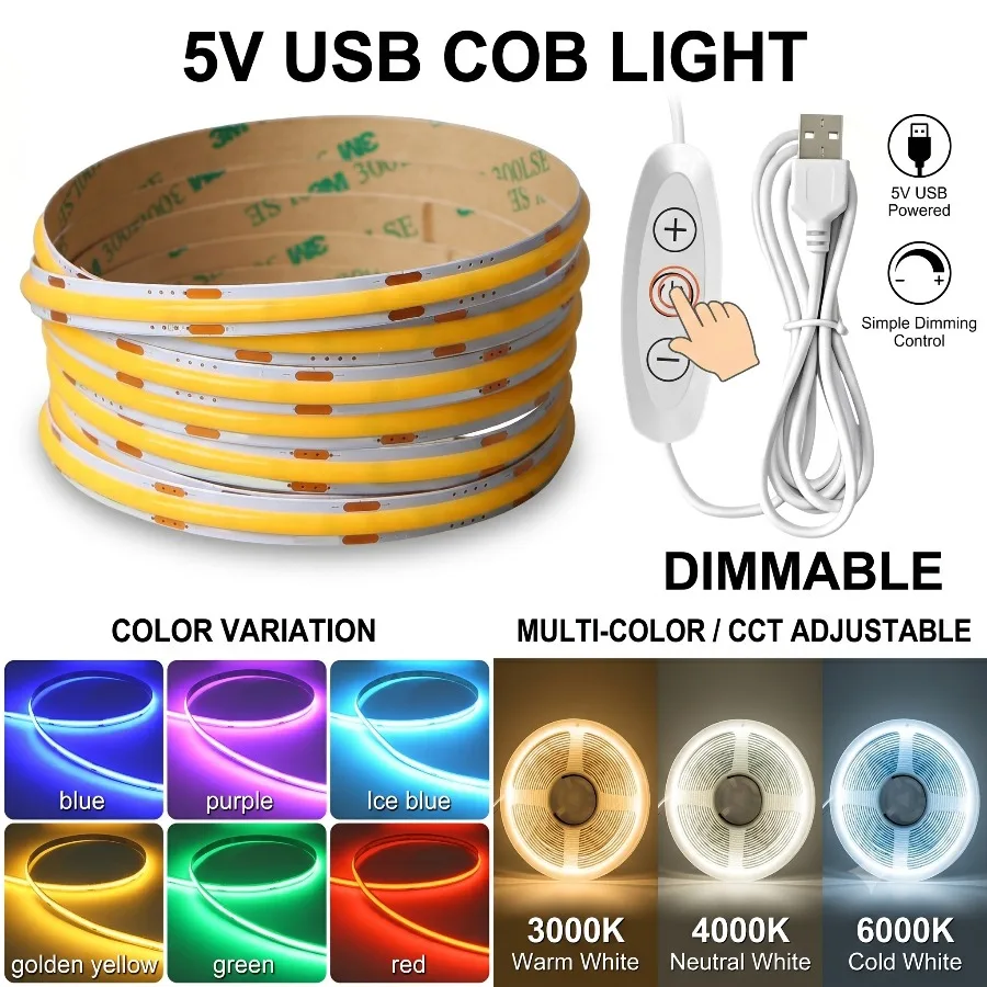 5V USB COB LED Strip 1-5M 320LEDs/M with 3Keys Touch Switch Dimmable Flexible Tape for Mirror TV DIY Backlight Decor Lighting