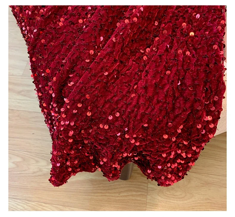 Falda larga con lentejuelas de terciopelo rojo brillante para mujer, faldas largas envolventes de cadera de una pieza con temperamento de otoño para oficina