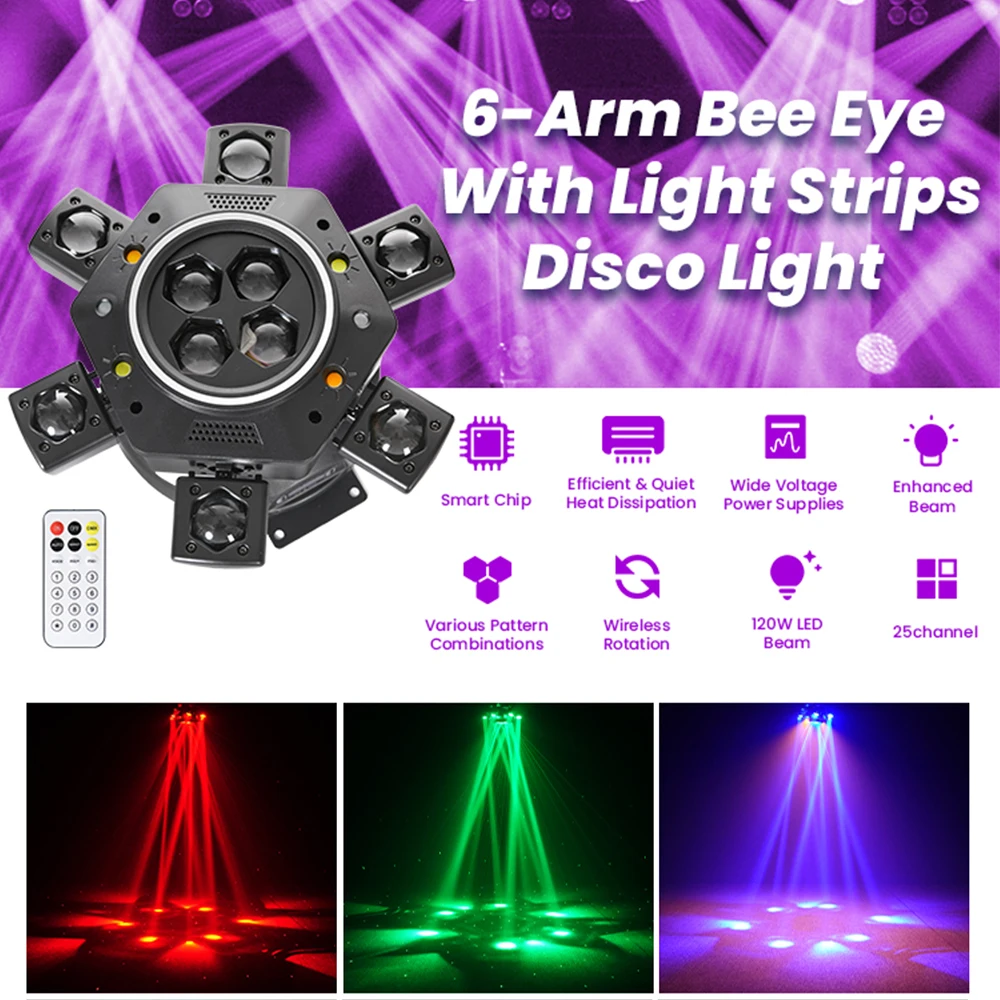Lumière DJ à tête mobile à 6 bras, 150W, télécommande, faisceau lumineux LED pour fête Disco, DMX512, éclairage d'effet de scène rotatif pour discothèque