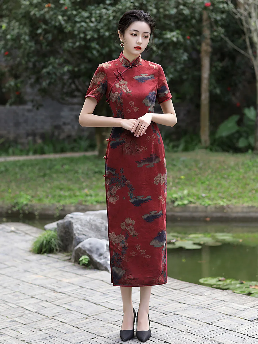 

High Quality Real Silk Qipao Cheongsam Top Skirt Dress Modified Evening Printed Women Artistic