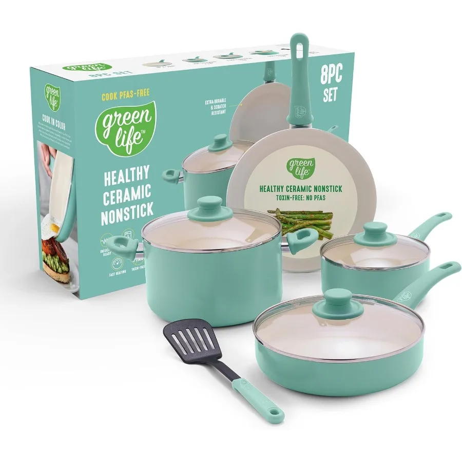 

Набор посуды с антипригарным покрытием из 8 предметов с нетоксичным керамическим покрытием без PFAS для повседневного приготовления пищи. Подходит для плиты и D tah