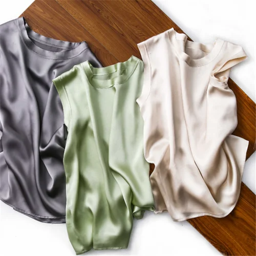 Imagen 2 del producto Blusas elegantes de verano para mujer, camiseta coreana a la moda, camiseta sin mangas de satén para oficina, Tops de seda helada para mujer